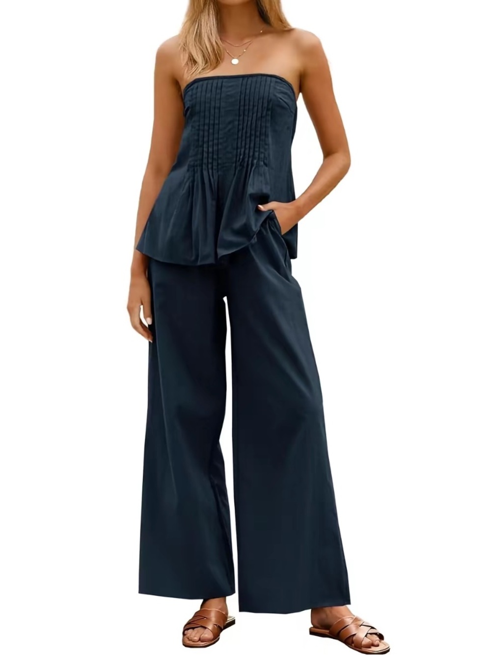 Strapless Top and Wide-Leg pants in Dark Navy (sold as set)
